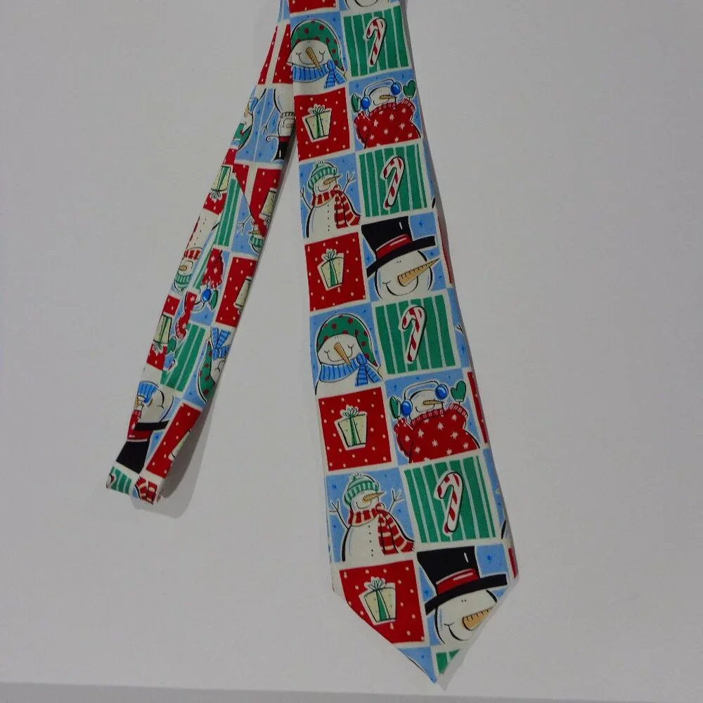 Vintage Snowman Candy‎ Cane Christmas Necktie 100% Silk Hand Made Tie
